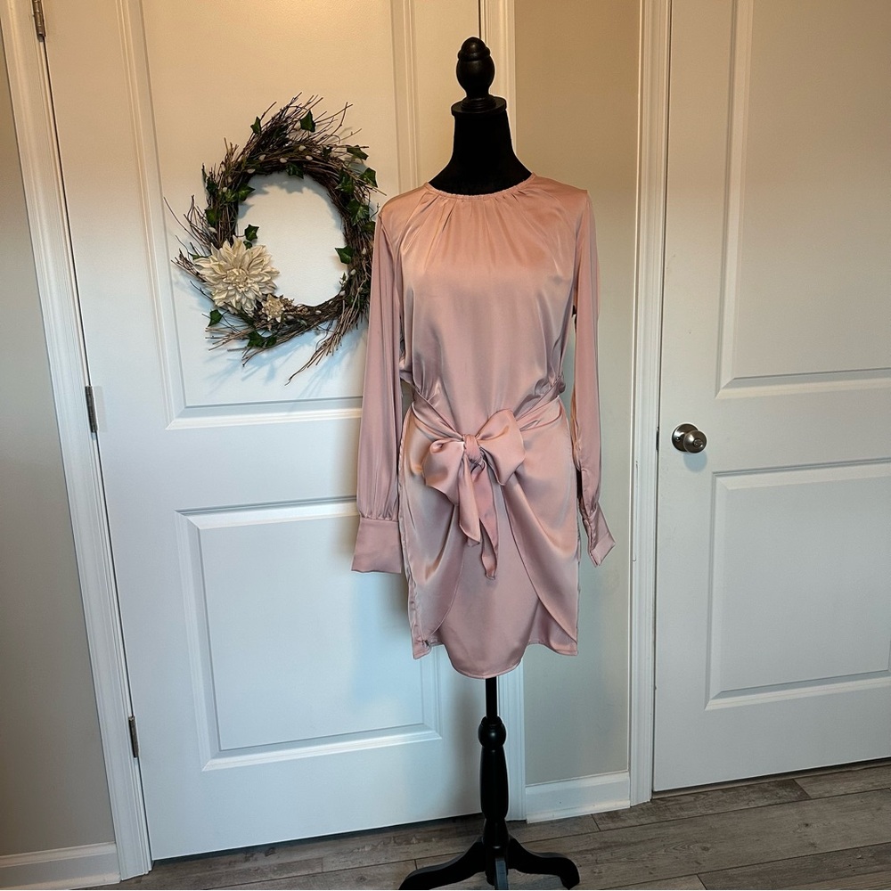 BTFBM Ruched Wrap Satin Mini Dress – Dusty Rose, Size Medium Worn Once